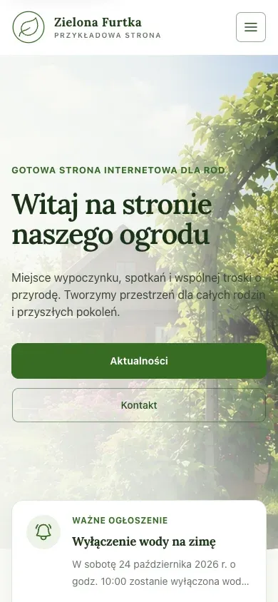 Przykładowa strona ogrodu z ogłoszeniami i aktualnościami