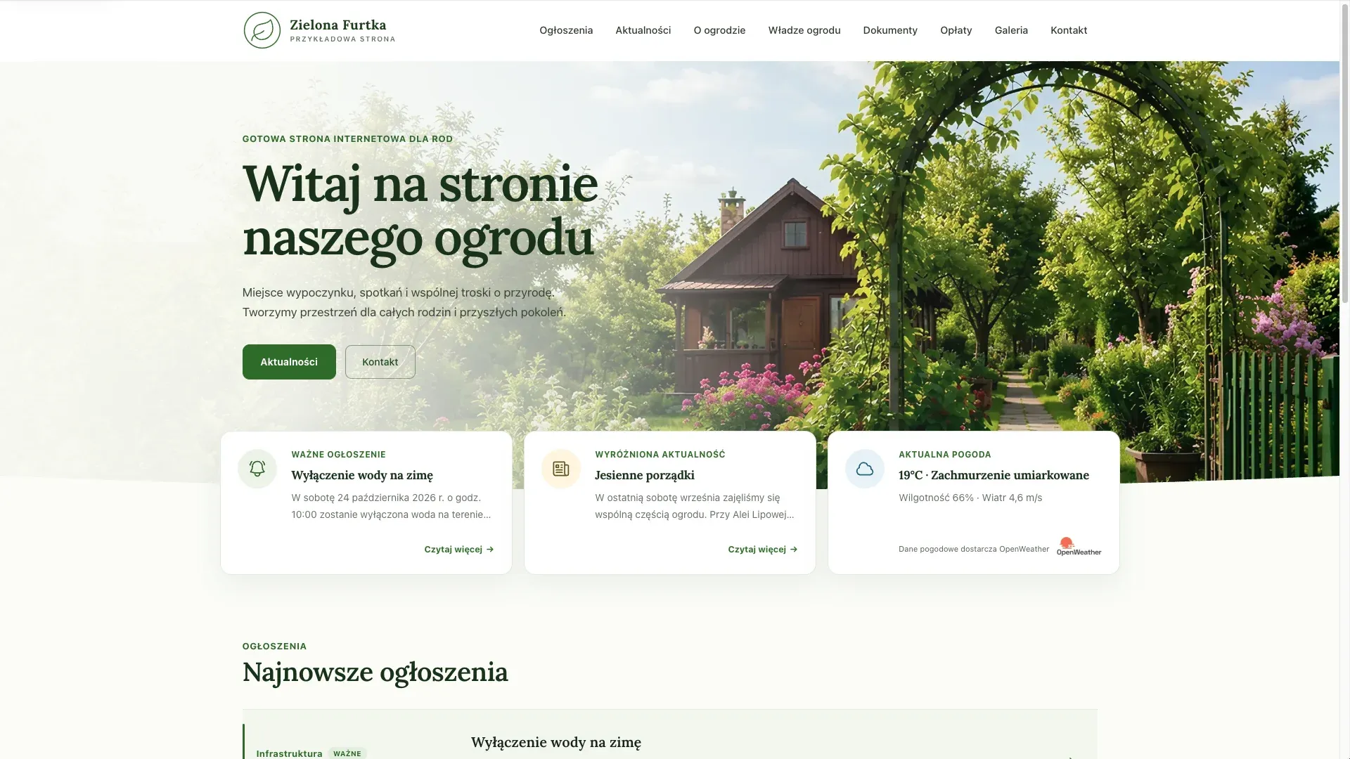 Przykładowa strona ogrodu z ogłoszeniami i aktualnościami