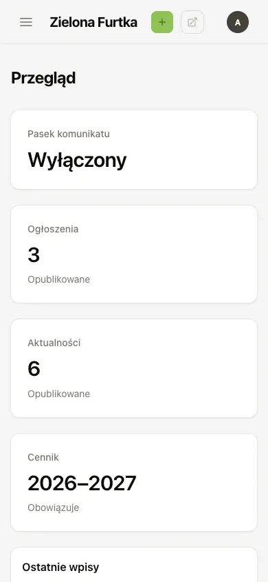Panel zarządu z menu publikacji i listą ostatnich wpisów